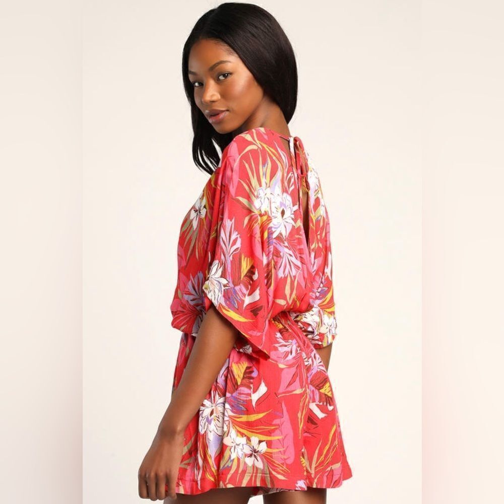Lulu's Festival Flirt Red Tropical Print Dolman Sleeve Romper Size XL NWT - Picture 2 of 13
